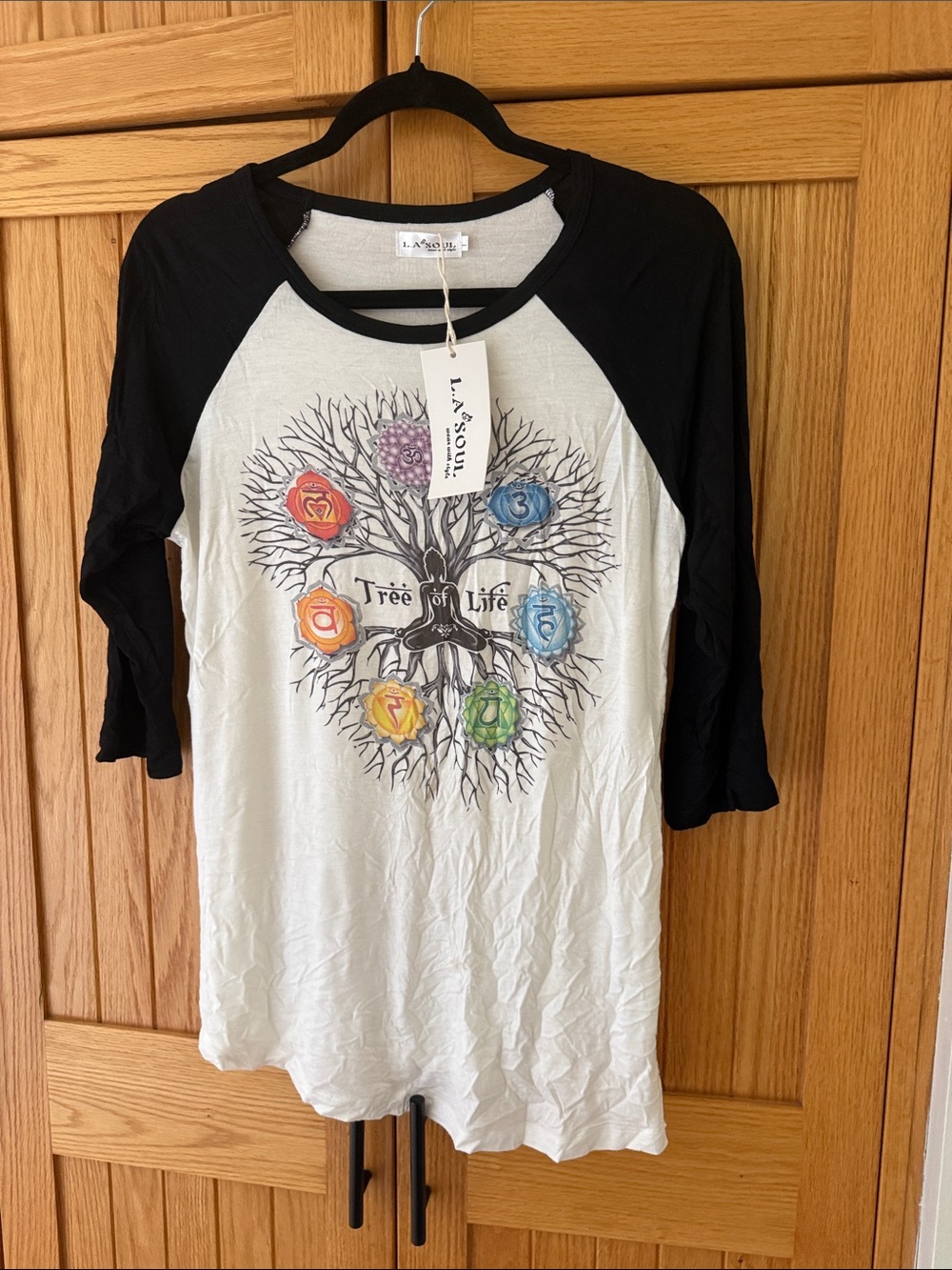 LA Soul 'Tree of Life' Raglan Tee - Black & White with Multicolor Chakra Graphic